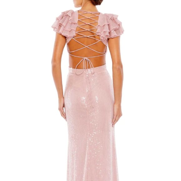 MAC DUGGAL 10829 SEQUINED RUFFLED CUTOUT LACE UP BACK ROSE GOWN sz 2 - Picture 4 of 5